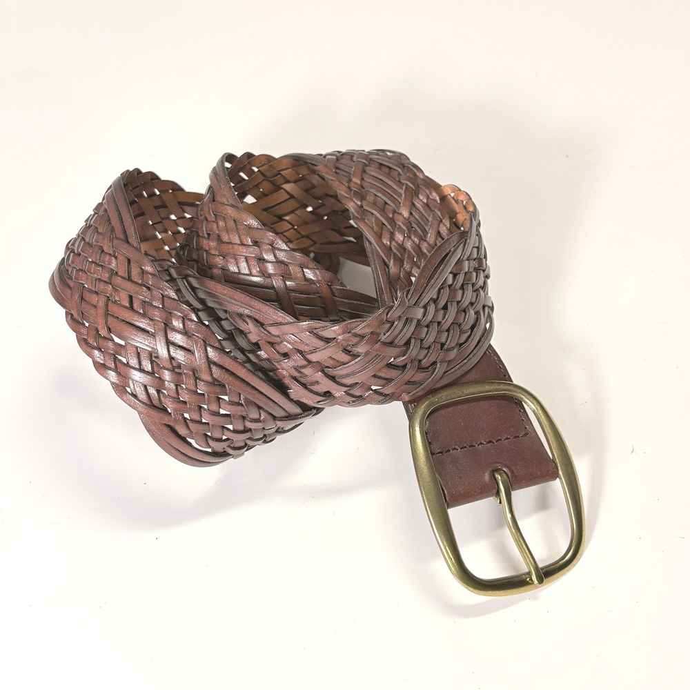 Womens Brown‎ Braided Woven Leather Belt Large Brass Buckle Boho Western Classic